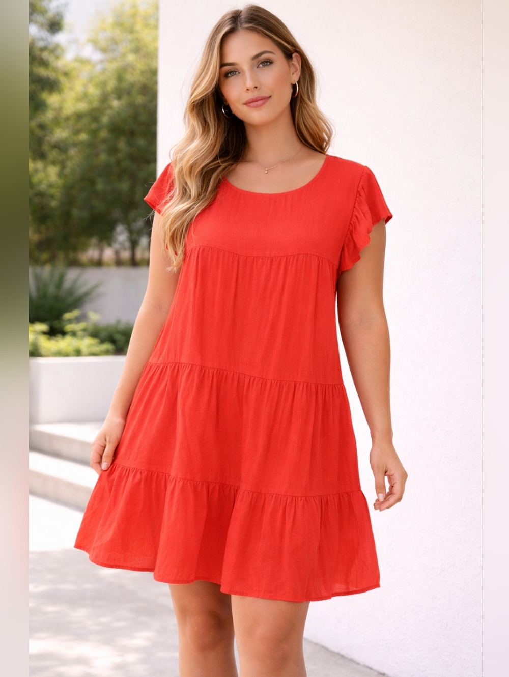 Altar'd State Red Orange Tiered Mini Dress Lined L Large
